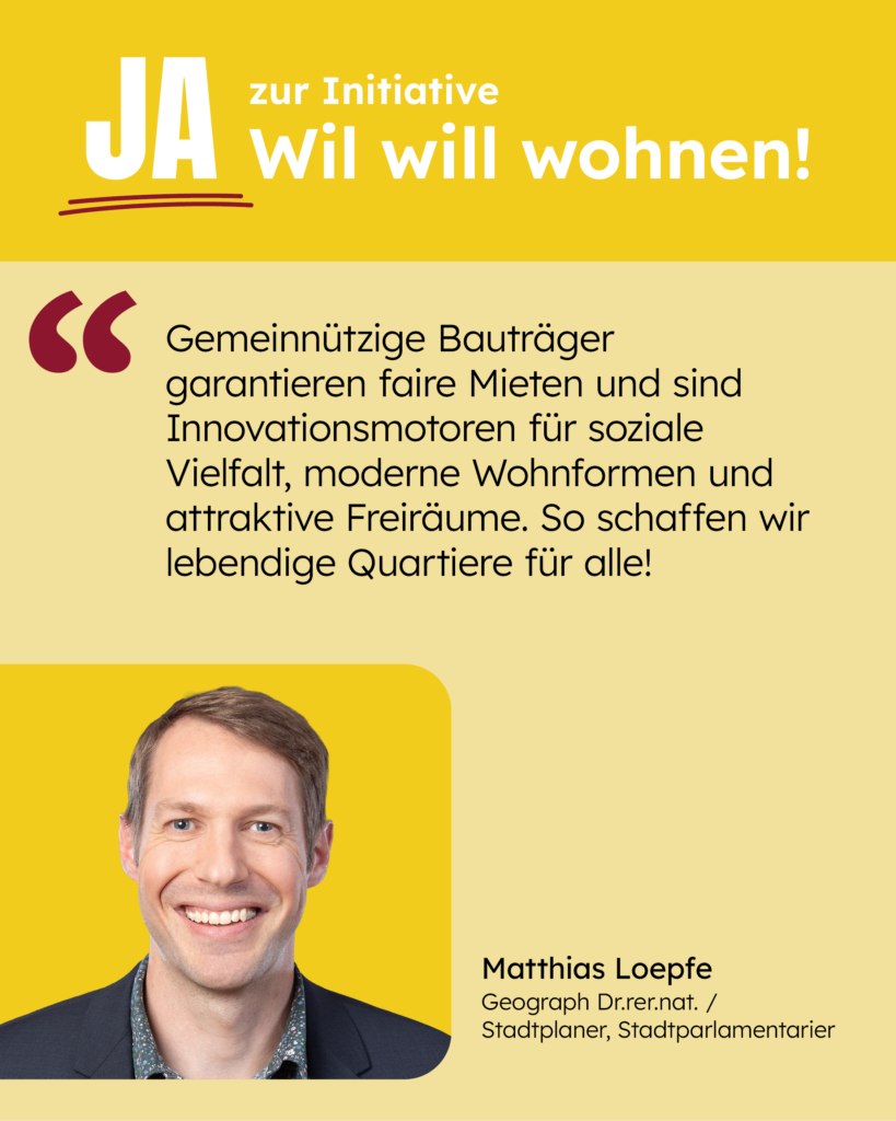 Gemeinnützige Bauträger garantieren faire Mieten und sind Innovationsmotoren für soziale Vielfalt, moderne Wohnformen und attraktive Freiräume. So schaffen wir lebendige Quartiere für alle! [Zitat: Matthias Loepfe]
